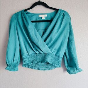 Monteau Los Angeles Teal Smocked Wrap Blouse | Size S